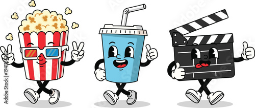 Cheerful cartoon illustration of popcorn bucket, soft drink cup, and clapperboard characters with expressive faces, 3D glasses, peace signs, and thumbs‑up celebrating fun movie theater experience
