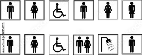 Collection of restroom and facility signage icons including male, female, wheelchair accessible, unisex, and shower symbols, ideal for public spaces, accessibility, and wayfinding design references