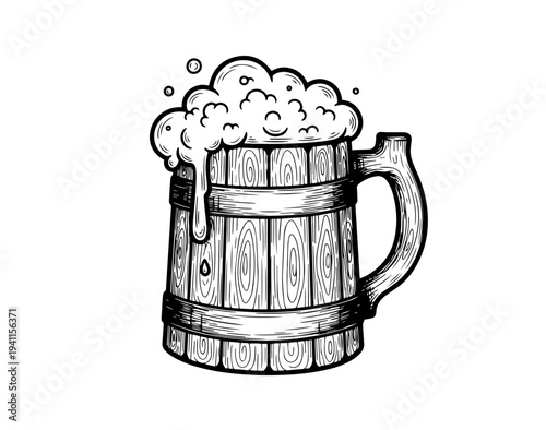 A Captivating Black-and-White Line Illustration Showcases a Rustic Wooden Tankard Overflowing with an Effervescent Froth, Perfectly Capturing the Classic Tavern Experience in Striking Vintage Details