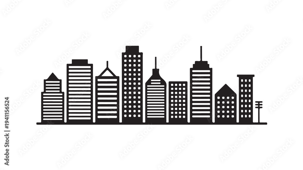 Fototapeta premium City Skyline Silhouette Modern Urban Landscape Black and White Illustration for Architecture Design