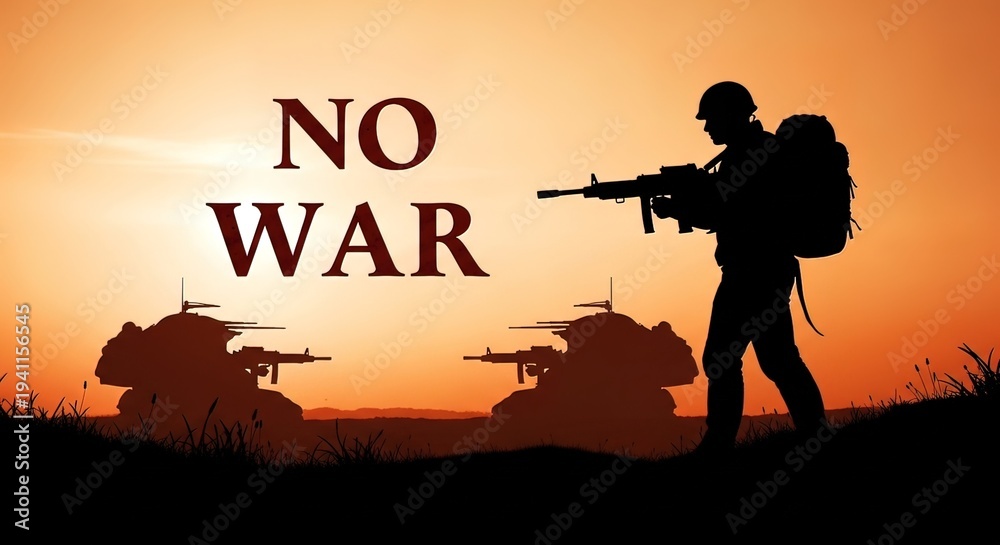 Obraz premium Soldier with Helicopters at Sunset Protesting War.