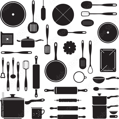 Collection of kitchen utensils and cookware in black silhouette