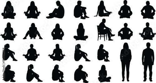 Collection of twenty‑five black silhouette illustrations of people in seated, meditative, and relaxed postures, ideal for yoga, meditation, ergonomic design, and body language references