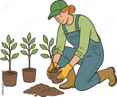 Gardening woman planting a sapling in the soil, healthy plants growth and nurturing