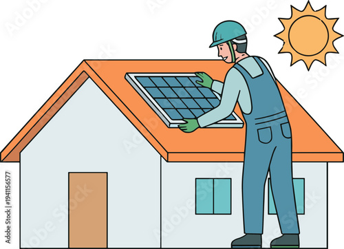 Person installing solar panels on a house roof with sun shining brightly