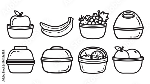 Collection of stylized fruit and container icons in black and white outline style