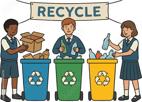 Illustrasi anak-anak sekolah yang bersemangat memilah sampah untuk program daur ulang, mempromosikan keberlanjutan lingkungan dan pendidikan hijau