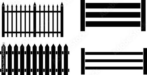 fence silhouettes set, metal fence panels, wooden picket fence icons, garden boundary barrier collection, isolated black fence design vector illustration