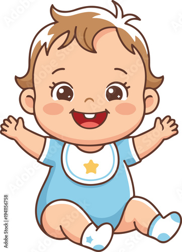 Cute flat vector illustration of a cheerful baby sitting with raised hands, wearing a blue outfit and bib, designed in a playful cartoon style for nursery and childcare themes.