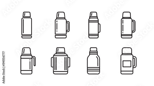 Collection of Thermos Flask Icons Various Designs Line Art Isolated on White Background