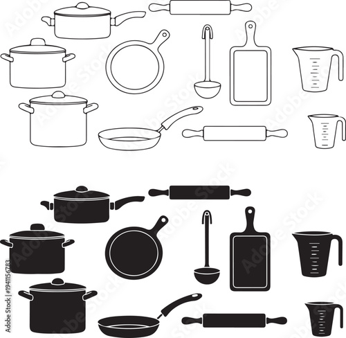 Kitchen utensils and cookware in black and white line art and silhouette