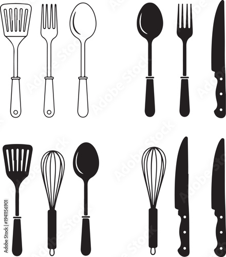 Kitchen utensils and cutlery icons in black and white
