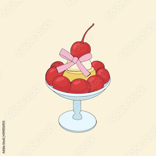 Custard Pudding with Cherries and Pink Bow