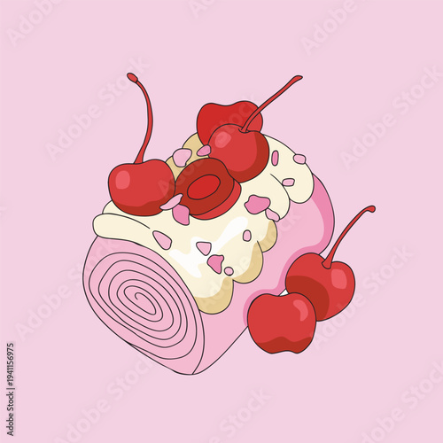 Pink Cherry Swiss Roll Illustration