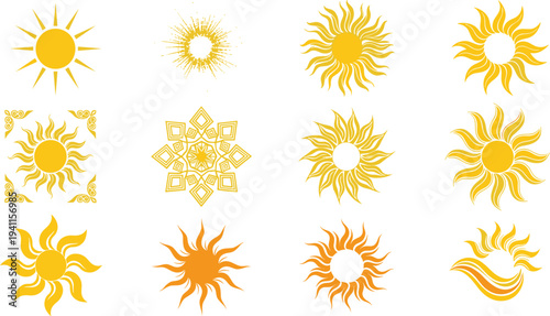sun icons set collection, golden sunburst symbols, abstract sunshine shapes, decorative solar elements, summer sun logo design isolated vector