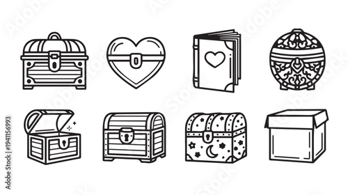 Collection of Treasure Chests and Boxes Heart Shape Book Ornate Container Open Chest Starry Chest Simple Box Stock Icons