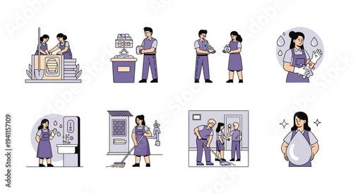 Eight illustrations depicting cleaning and sanitation tasks performed by staff