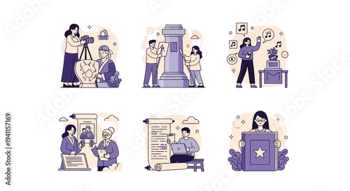 Six distinct vignettes illustrate historical and cultural documentation activities