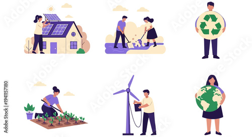 Six flat illustrations depicting environmental protection and sustainability actions