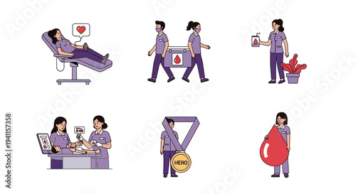 Six illustrations depicting various aspects of blood donation and support services