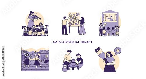 Six illustrations depicting various art forms for social impact centrally captioned