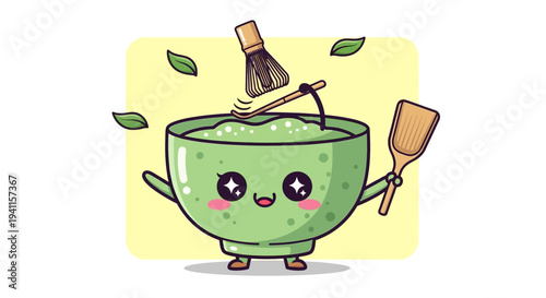 Cute Kawaii Matcha Bowl Character Preparing Tea with Whisk and Scoop