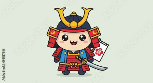 Cute Samurai Warrior Cartoon Character Holding Japanese Flag