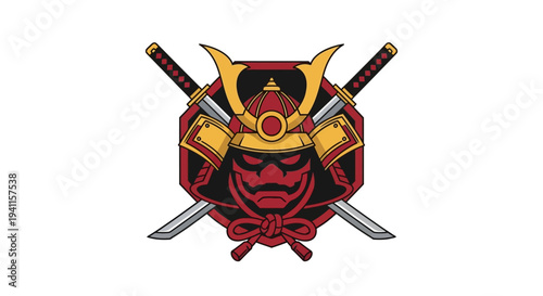 Samurai Warrior Helmet and Swords Emblem