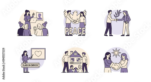 Six vignettes illustrating concepts of peace teaching empathy agreement and family