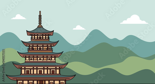 Traditional Japanese Pagoda Temple Amidst Serene Green Mountains and Clouds