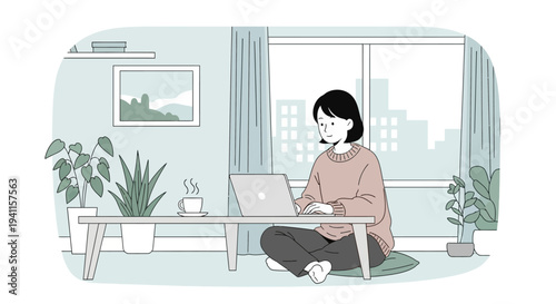 Young woman working on a laptop at home, surrounded by plants and city view