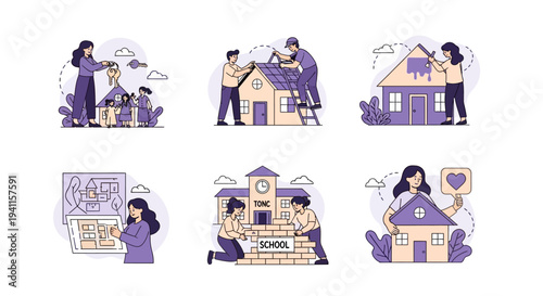 Six vignettes illustrating real estate construction and community building activities