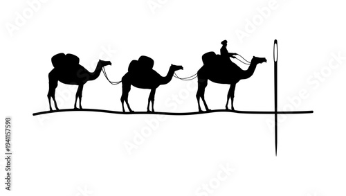 camel to pass through a needle’s hole, black isolated silhouette
