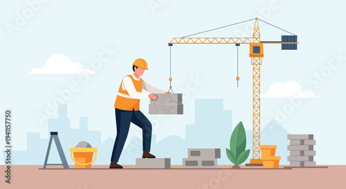 Illustration of a construction worker in an orange vest and hard hat placing a concrete block on a building site with a crane and city skyline in the background.