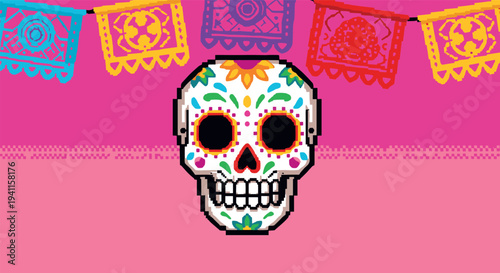 Colorful pixel art sugar skull with festive papel picado banner on pink background