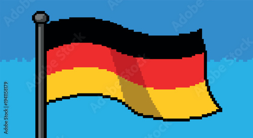 Pixel art german flag waving against blue sky background
