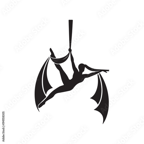 Graceful Aerial Hoop Gymnast Silhouette Performing Elegant Acrobat Pose Vector Illustration Design.