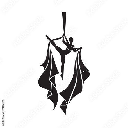 Graceful Aerial Hoop Gymnast Silhouette Performing Elegant Acrobat Pose Vector Illustration Design.