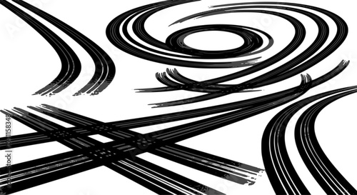 Tire tracks after skidding, launch, drift, powerslide in motorsport, rally, off-road, motocross. Wheel texture with splash effect. Vector, transparent EPS version.