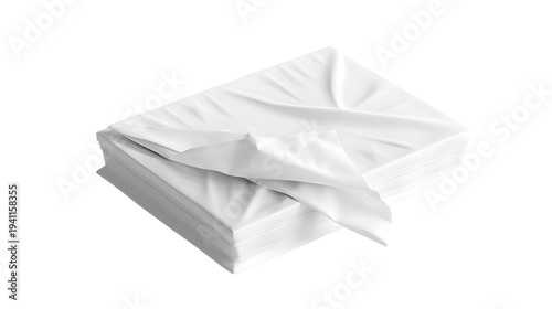 Realistic pack of white wet wipes with single tissue exposed for personal care and hygiene