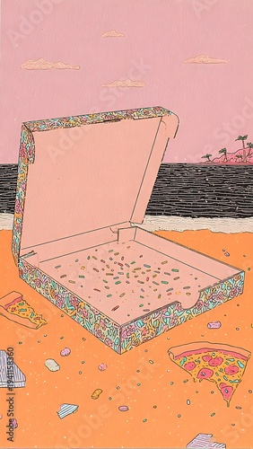 An illustrative empty pizza box sits discarded on a vibrant beach with a few remaining crumbs near waves, conveying food waste and environmental concerns.