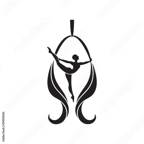 Graceful Aerial Hoop Gymnast Silhouette Performing Elegant Acrobat Pose Vector Illustration Design.