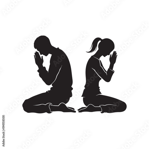 Man and Woman Praying Kneeling Silhouette Spiritual Faith Worship Vector Illustration Design. 