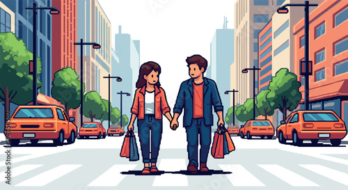 Couple shopping in urban setting with retro style animation