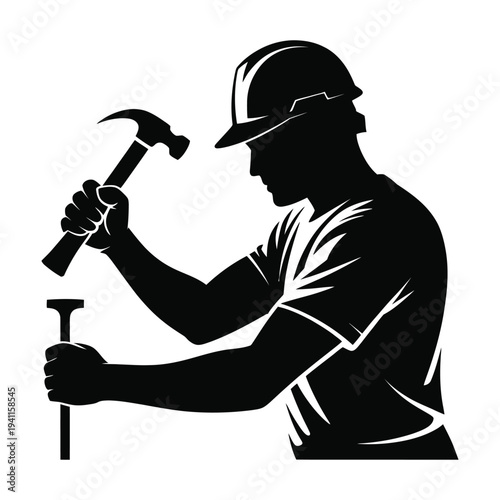 Man holding hammer silhouette construction worker vector illustration