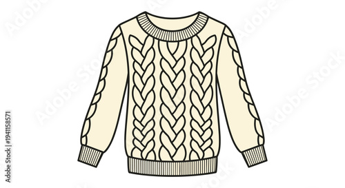 Cozy cable knit sweater in a cream color with a rounded neckline and long sleeves, a classic and warm choice for winter fashion.