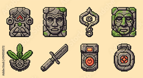 Ancient stone relics: pixel art totems with moss and sword motif