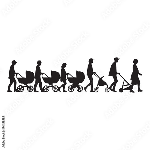 Silhouette Progressions of Parents Pushing Baby Strollers and Prams.