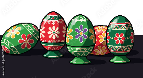 Retro pixel art easter eggs with colorful floral patterns