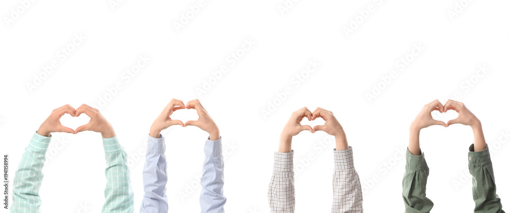 Fototapeta premium Many hands making heart gesture on white background